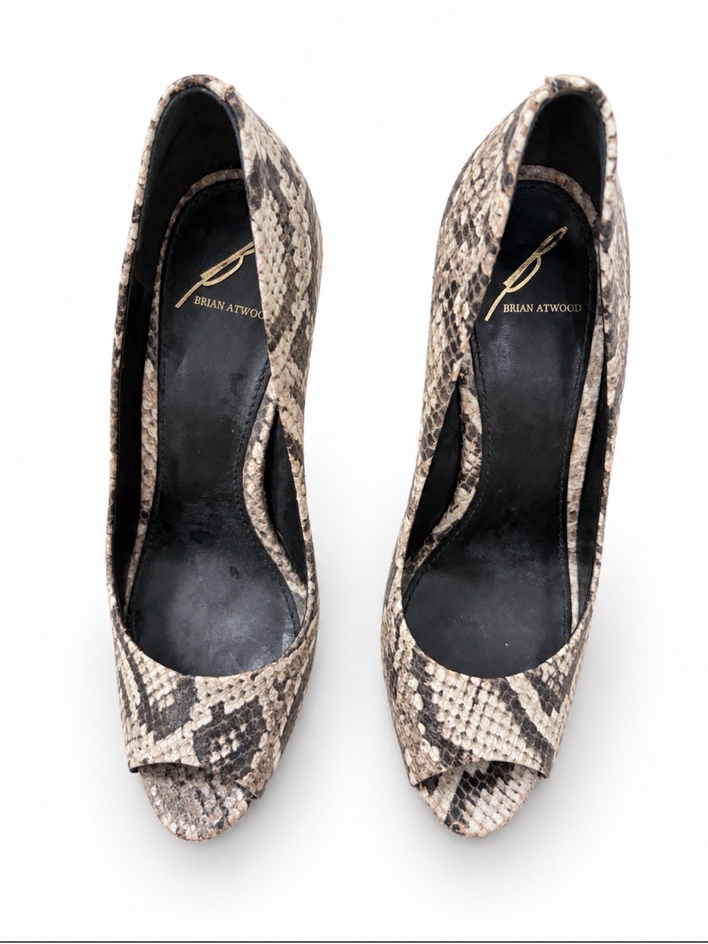 B Brian Atwood Snake Print Peep Toe Platform Pumps 6.5 US
